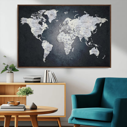 19124-MGV-CV-36X24-Modern World Map Wall Art – Black and White Canvas Print, Minimalist Global Map Decor for Office, Study, Bedroom or Living Room