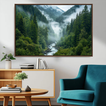 69453-MGV-CV-36X24-Mountain Forest Wall Art – Misty River and Evergreen Landscape Canvas Print, Nature Photography Poster for Living Room, Bedroom,