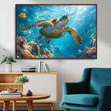 37623-MGV-CV-36X24-Sea Turtle Wall Art – Underwater Ocean Canvas Print with Coral Reef and Tropical Fish, Marine Life Painting Poster for Living