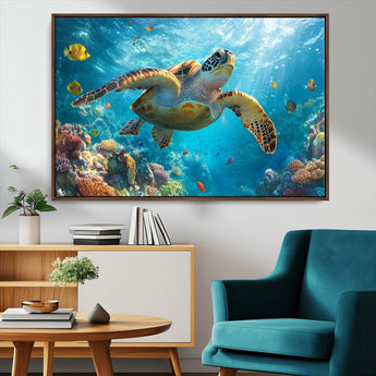 37623-MGV-CV-36X24-Sea Turtle Wall Art – Underwater Ocean Canvas Print with Coral Reef and Tropical Fish, Marine Life Painting Poster for Living