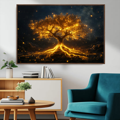 60194-MGV-CV-36X24-Glowing Tree Wall Art – Golden Roots Fantasy Canvas Print, Mystical Illuminated Tree Painting Poster for Living Room, Bedroom,