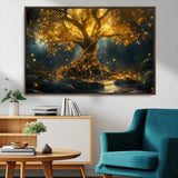 92739-MGV-CV-36X24-Glowing Tree Wall Art – Enchanted Golden Forest Canvas Print, Mystical Illuminated Nature Painting Poster for Living Room,