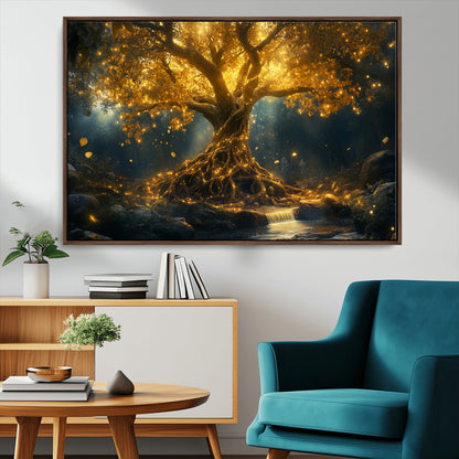 92739-MGV-CV-36X24-Glowing Tree Wall Art – Enchanted Golden Forest Canvas Print, Mystical Illuminated Nature Painting Poster for Living Room,
