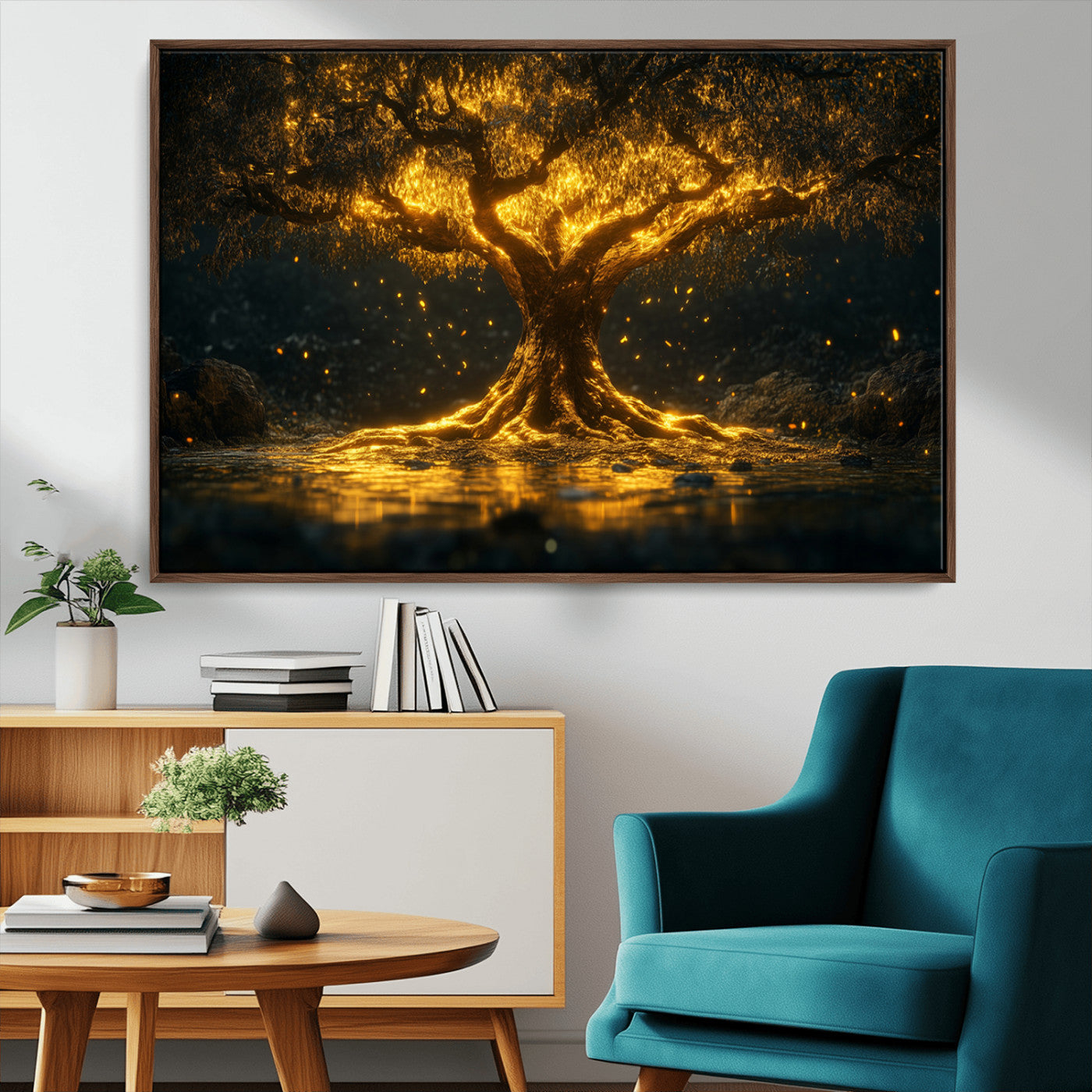 59580-MGV-CV-36X24-Glowing Tree Wall Art – Golden Fantasy Nature Canvas Print, Mystical Illuminated Tree Painting Poster for Living Room, Bedroom,