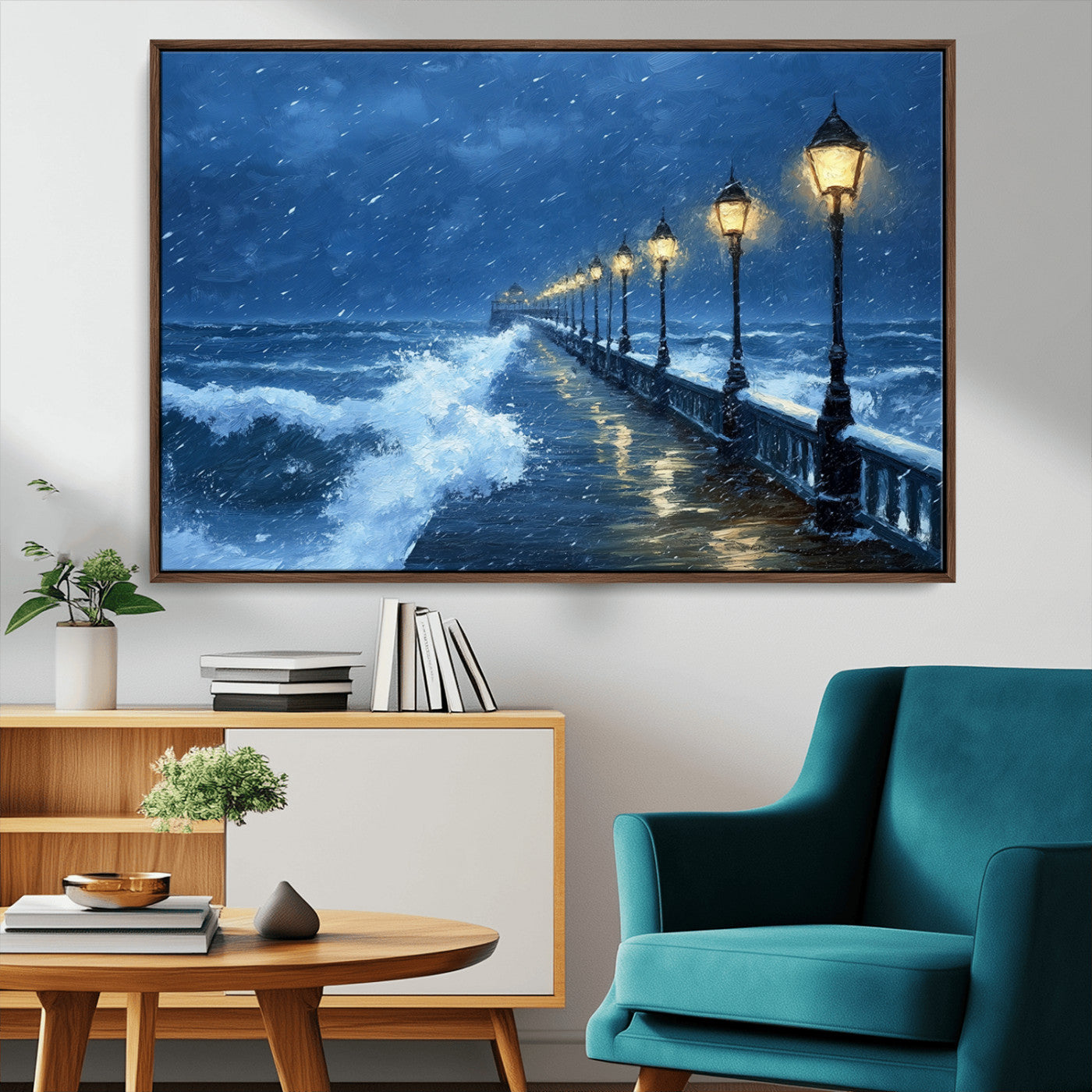 32668-MGV-CV-36X24-Stormy Pier Wall Art – Ocean Waves and Street Lamps Canvas Print, Rainy Night Seascape Oil Painting Poster for Living Room,