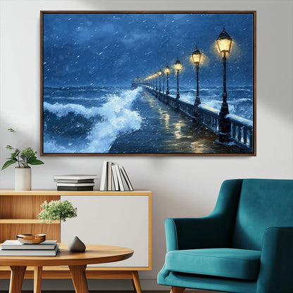 32668-MGV-CV-36X24-Stormy Pier Wall Art – Ocean Waves and Street Lamps Canvas Print, Rainy Night Seascape Oil Painting Poster for Living Room,