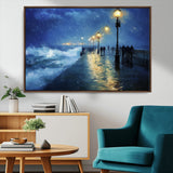 76572-MGV-CV-36X24-Stormy Night Pier Wall Art – Ocean Waves and Street Lamps Canvas Print, Rainy Seascape Oil Painting Poster for Living Room,