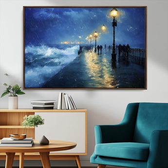 76572-MGV-CV-36X24-Stormy Night Pier Wall Art – Ocean Waves and Street Lamps Canvas Print, Rainy Seascape Oil Painting Poster for Living Room,