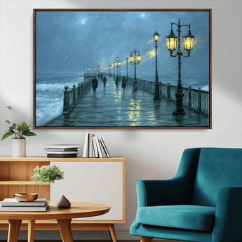 79606-MGV-CV-36X24-Rainy Pier Night Wall Art – Ocean Waves and Street Lamps Canvas Print, Moody Seascape Oil Painting Poster for Living Room,