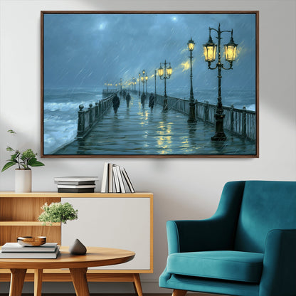 79606-MGV-CV-36X24-Rainy Pier Night Wall Art – Ocean Waves and Street Lamps Canvas Print, Moody Seascape Oil Painting Poster for Living Room,
