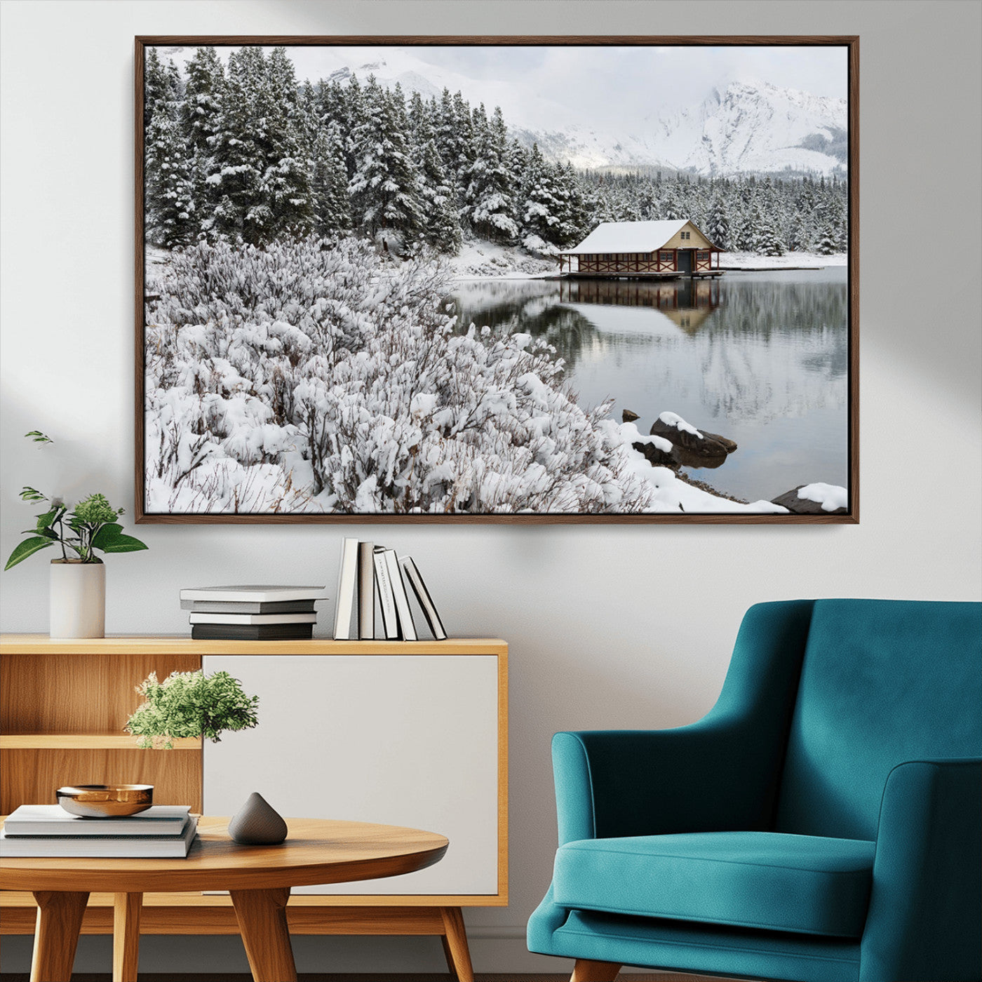 29975-MGV-CV-36X24-Winter Cabin by the Lake Wall Art – Snowy Mountain Landscape Canvas Print, Rustic Lodge Cabin Decor for Cozy Living Room, Bedroom