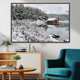 29975-MGV-CV-36X24-Winter Cabin by the Lake Wall Art – Snowy Mountain Landscape Canvas Print, Rustic Lodge Cabin Decor for Cozy Living Room, Bedroom