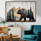 90077-MGV-FC-36X24_Walnut-Wood Grizzly Bear Wall Art Canvas Print, Framed Abstract Bear Art Picture Print, Bear in Forest Perfect Rustic Lodge Decor Artwork