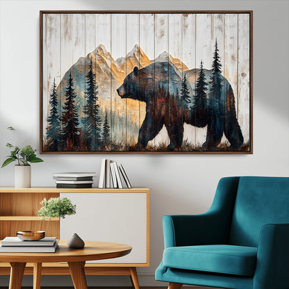 90077-MGV-FC-36X24_Walnut-Wood Grizzly Bear Wall Art Canvas Print, Framed Abstract Bear Art Picture Print, Bear in Forest Perfect Rustic Lodge Decor Artwork