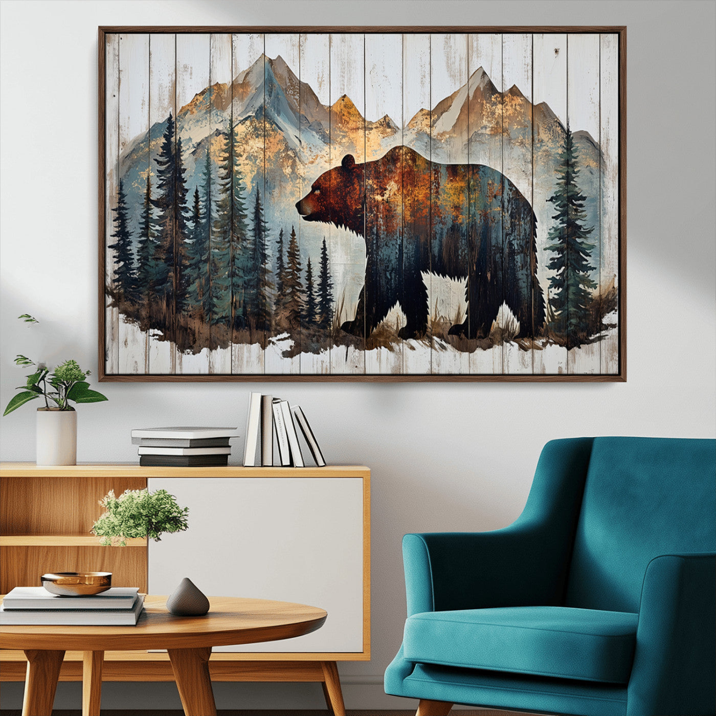55777-MGV-FC-36X24_Walnut-Rustic Bear Wall Art Canvas Print, Framed Mountain and Forest Art Picture Print, Wooden Bear Perfect Rustic Lodge Decor Artwork