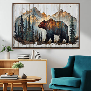 55777-MGV-FC-36X24_Walnut-Rustic Bear Wall Art Canvas Print, Framed Mountain and Forest Art Picture Print, Wooden Bear Perfect Rustic Lodge Decor Artwork