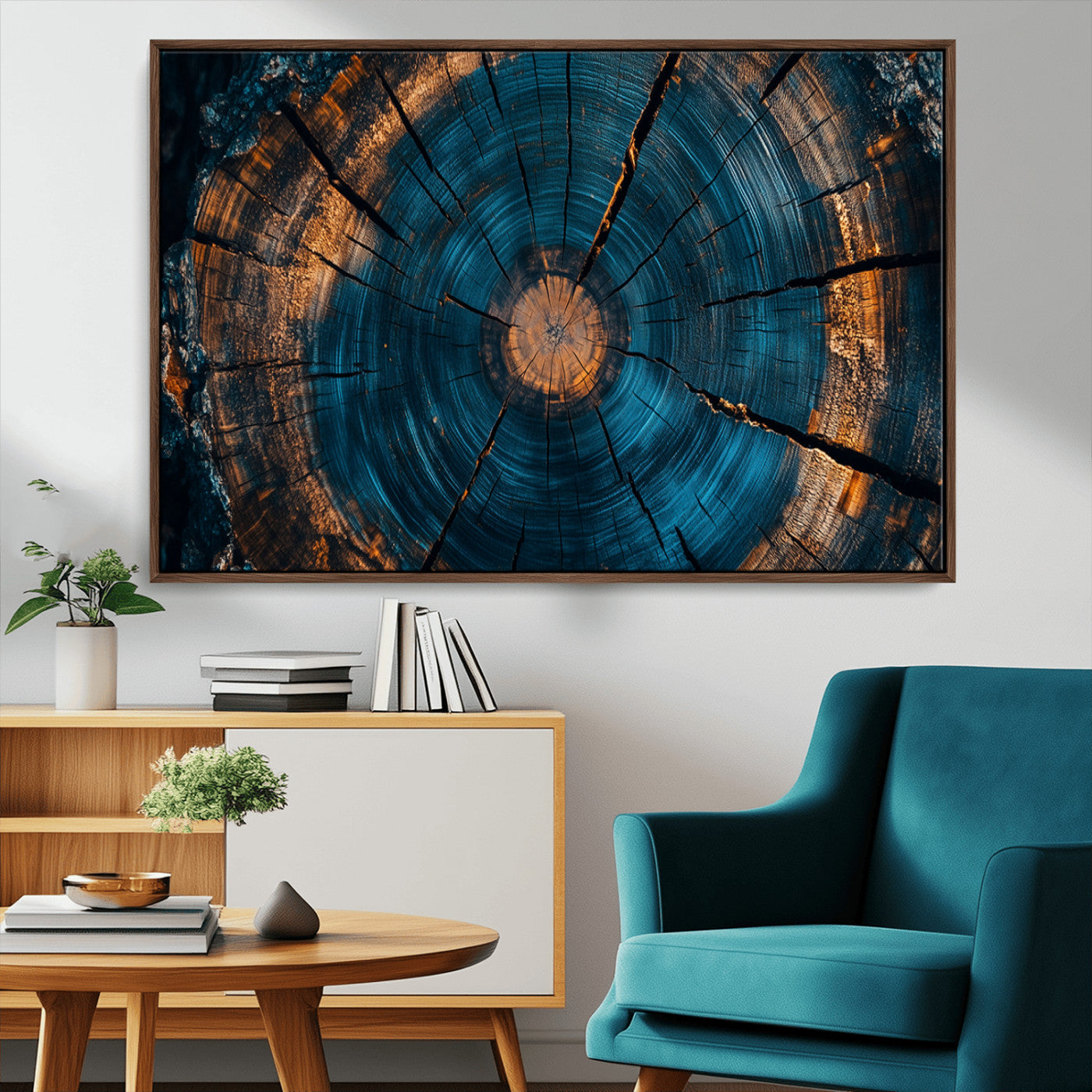 65231-MGV-CV-36X24-Blue and Gold Tree Ring Wall Art – Rustic Abstract Wood Slice Canvas Print, Modern Nature Inspired Artwork for Living Room,