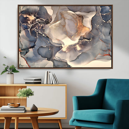 18202-MGV-CV-36X24-Abstract Neutral Wall Art – Blue, Beige and Gold Fluid Ink Canvas Print, Modern Minimalist Painting for Living Room, Office