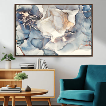 51497-MGV-CV-36X24-Abstract Blue and Gold Wall Art – Modern Fluid Ink Style Canvas Print, Elegant Contemporary Decor for Living Room, Office
