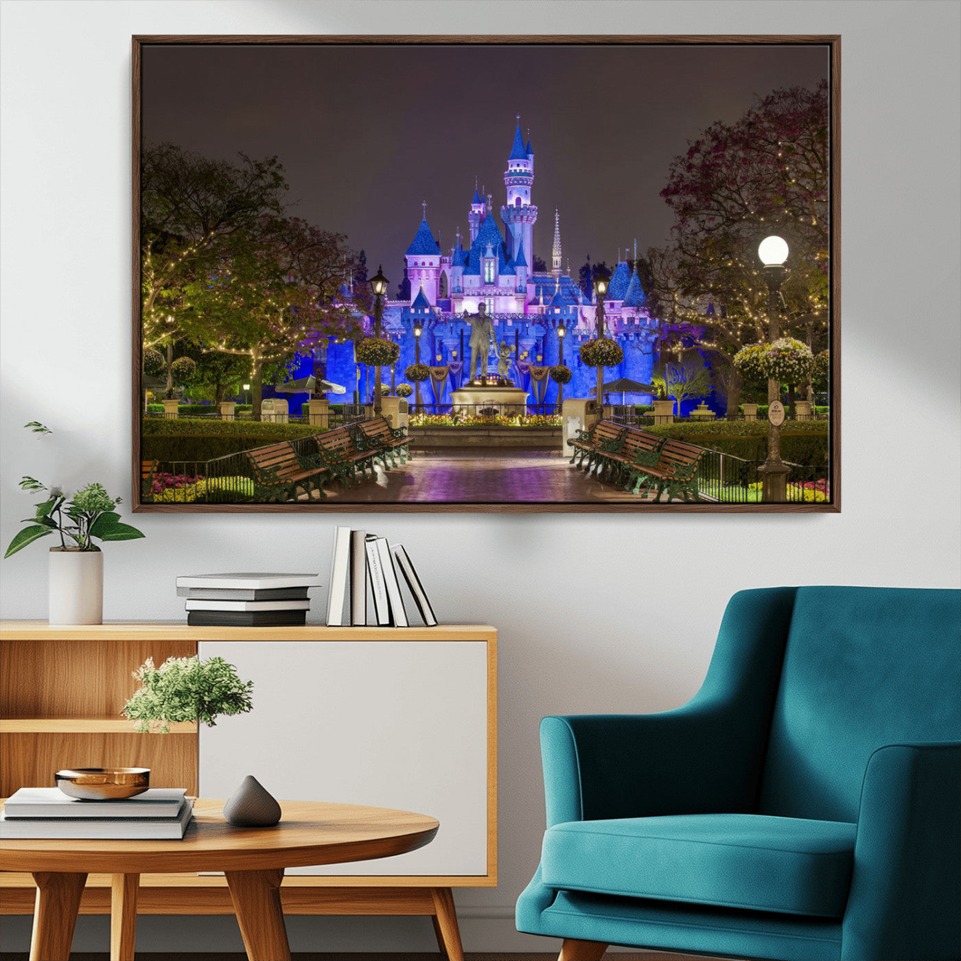 63560-MGV-CV-36X24-Fairy Tale Castle Wall Art – Magical Night Scene Canvas Print with Lights and Gardens, Fantasy Architecture Artwork for Living