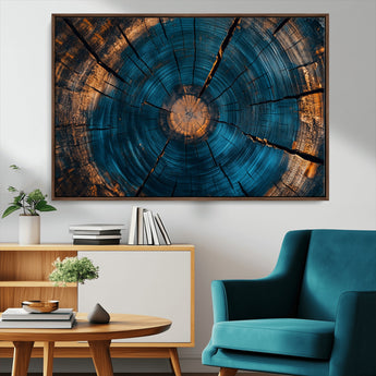 13398-MGV-CV-36X24-Tree Ring Wall Art – Abstract Wood Grain Canvas Print with Blue and Orange Accents, Rustic Nature Inspired Artwork for Living