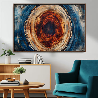 90395-MGV-CV-36X24-Tree Ring Wall Art – Abstract Wood Grain Canvas Print with Fiery Red and Blue Tones, Bold Rustic Nature Inspired Artwork Decor for