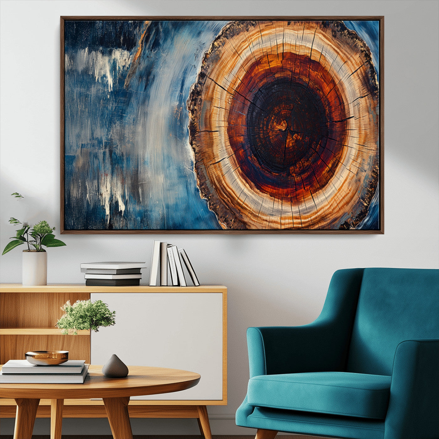 48045-MGV-CV-36X24-Tree Ring Abstract Wall Art – Rustic Wood Grain Canvas Print with Brown Center and Blue Brush Strokes, Nature Inspired Artwork for