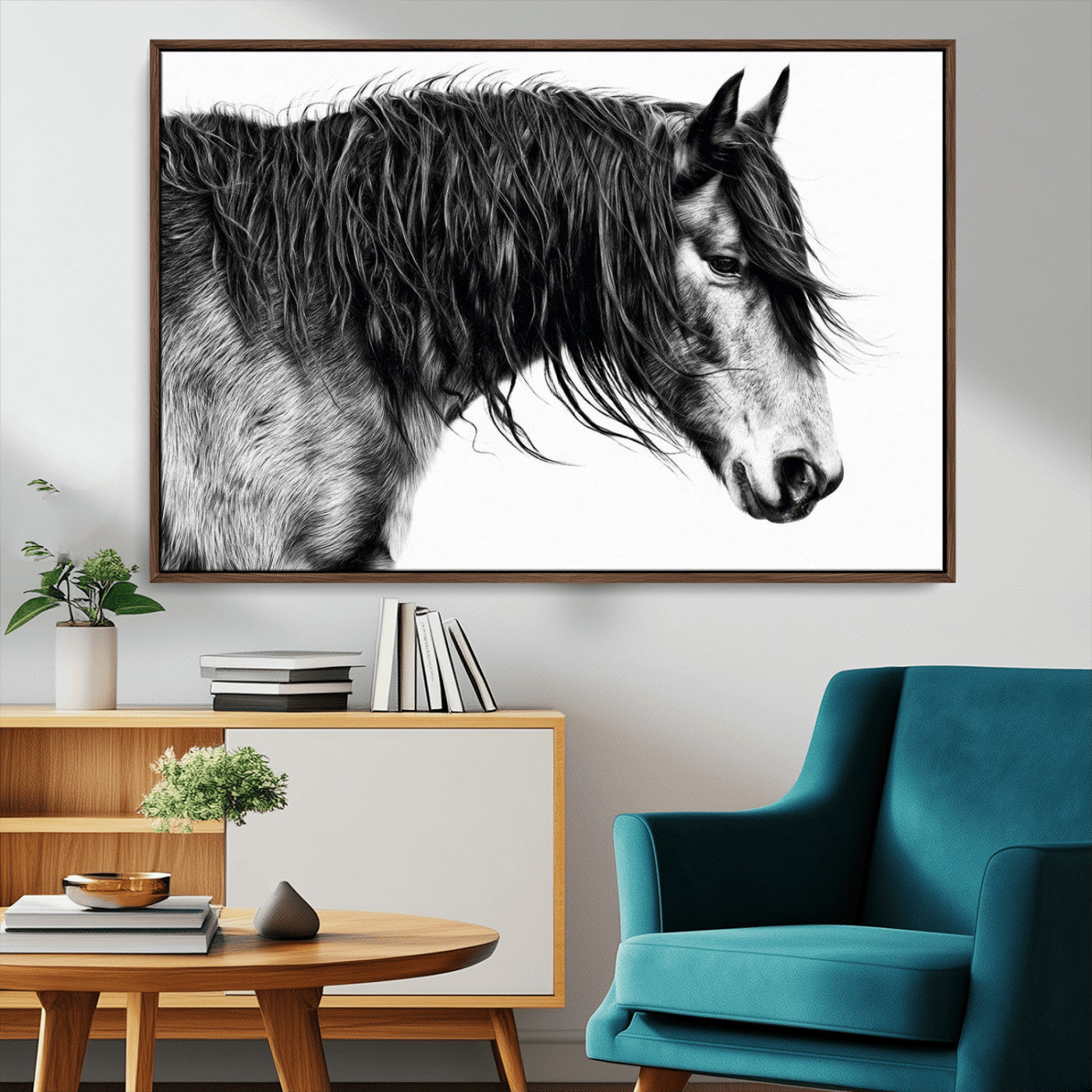 57694-MGV-CV-36X24-Horse Portrait Wall Art – Black and White Canvas Print with Detailed Stallion Profile, Rustic Farmhouse Equestrian Artwork for