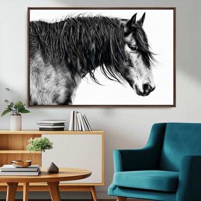 57694-MGV-CV-36X24-Horse Portrait Wall Art – Black and White Canvas Print with Detailed Stallion Profile, Rustic Farmhouse Equestrian Artwork for