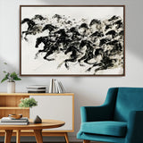 23069-MGV-CV-36X24-Galloping Horses Wall Art – Black Ink Painting on Canvas, Dynamic Equestrian Artwork with Running Stallions, Expressive Modern
