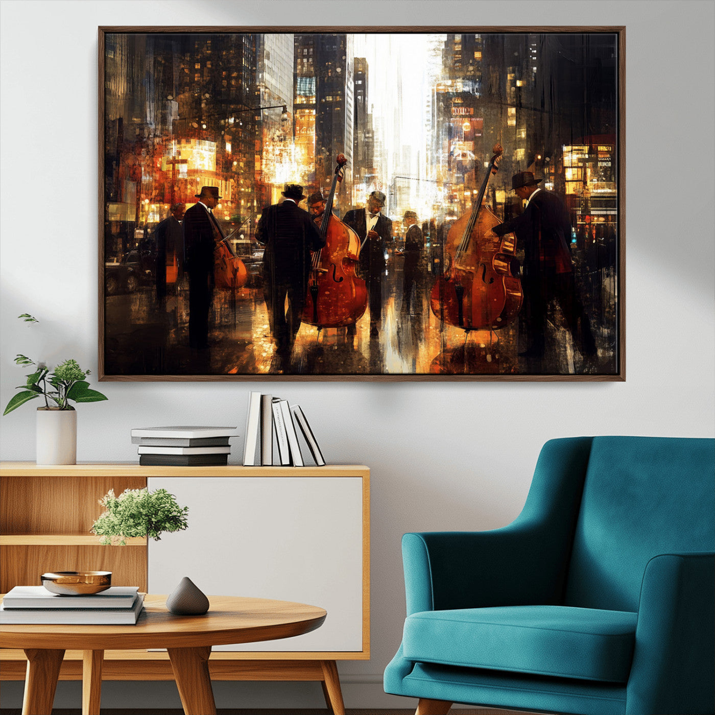 58782-MGV-CV-36X24-Jazz Musicians Cityscape Wall Art – Vibrant Urban Night Canvas Print, Elegant Music Themed Decor for Living Room, Office, or Music