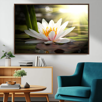 40478-MGV-CV-36X24-Water Lily Wall Art – White Lotus Flower Canvas Print with Sunlight Reflection, Serene Botanical Artwork for Living Room, Bedroom,