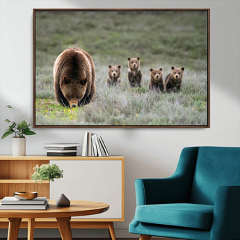 65087B-MGV-CV-36X24-Bear Family Wall Art – Wildlife Canvas Print Featuring Mother Bear with Cubs in Nature, Rustic Animal Artwork for Living Room,