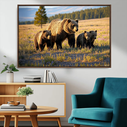 43400-MGV-CV-36X24-Bear Family Wall Art – Wildlife Canvas Print of Mother Bear with Cubs in Sunlit Meadow, Rustic Animal Artwork for Living Room,