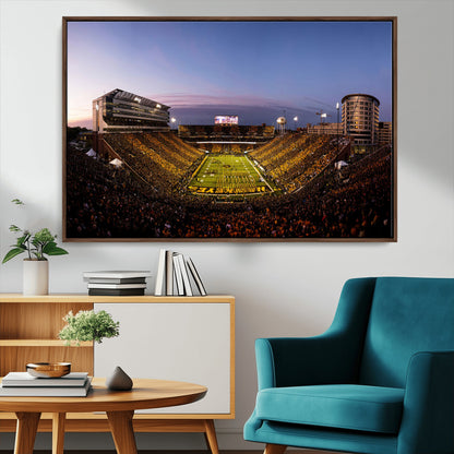 82557-MGV-CV-36X24-College Football Stadium Wall Art – Panoramic Sunset Canvas Print with Marching Band and Game Day Crowd, Sports Artwork for Man