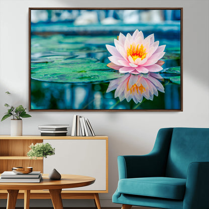 30320-MGV-CV-36X24-Pink Water Lily Wall Art – Lotus Flower Canvas Print with Reflection Water, Peaceful Botanical Artwork for Living Room, Bedroom,