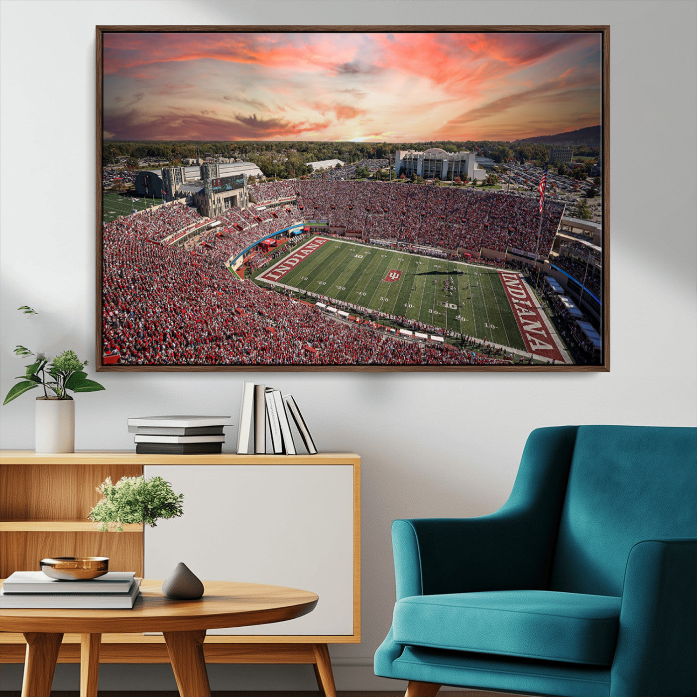 51135-MGV-CV-36X24-Indiana Hoosiers Stadium Wall Art – Panoramic Football Canvas Print with Game Day Crowd and Sunset Sky, Sports Artwork for Man