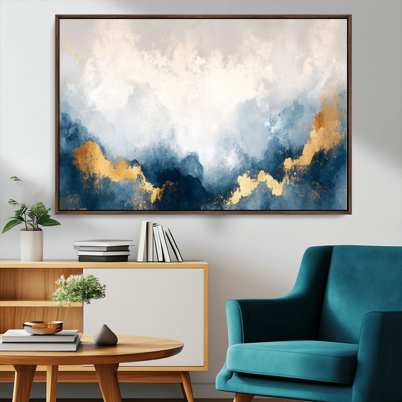 14578-MGV-CV-36X24-Abstract Wall Art – Modern Canvas Print Featuring Blue and White Clouds with Golden Accents, Contemporary Elegant Artwork for