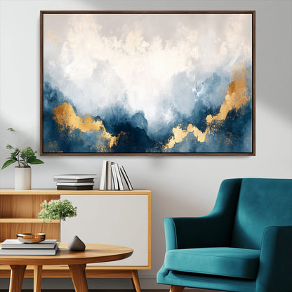 14578-MGV-CV-36X24-Abstract Wall Art – Modern Canvas Print Featuring Blue and White Clouds with Golden Accents, Contemporary Elegant Artwork for