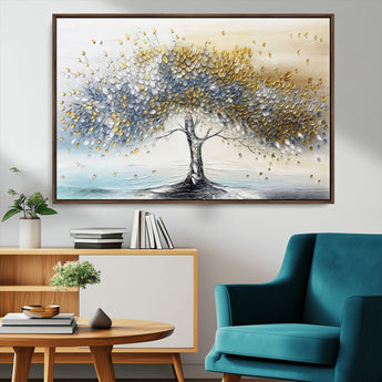 24771-MGV-CV-36X24-Silver Tree Wall Art Canvas Print, Framed Golden Leaves Art Picture Print, Metallic Tree Perfect Minimalist Luxury Decor Artwork
