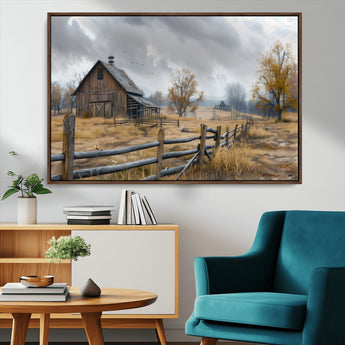 Farm1-MGV-FC-36X24_Walnut-Rustic Autumn Farmhouse Wall Art – Serene Countryside Scene Canvas Print, Weathered Barn and Autumn Trees Decor for Living Room,