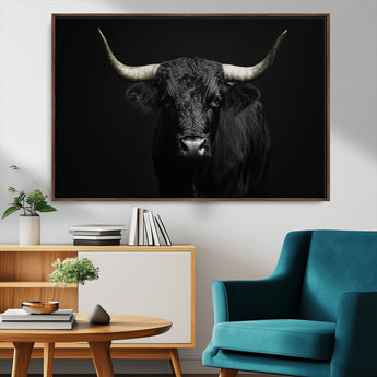 97914921-MGV-CV-36X24-Black Bull Wall Art Canvas Print, Framed Longhorn Bull Art Picture Print, Western Bull Perfect Monochrome Western Decor Artwork