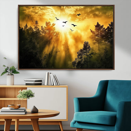 13776802-MGV-CV-36X24-Golden Forest Wall Art Canvas Print, Framed Sunset Pines Art Picture Print, Flying Birds Perfect Nature Glow Decor Artwork