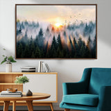 56391411-MGV-CV-36X24-Misty Forest Wall Art Canvas Print, Framed Sunrise Pines Art Picture Print, Moody Pines Perfect Serene Woodland Decor Artwork