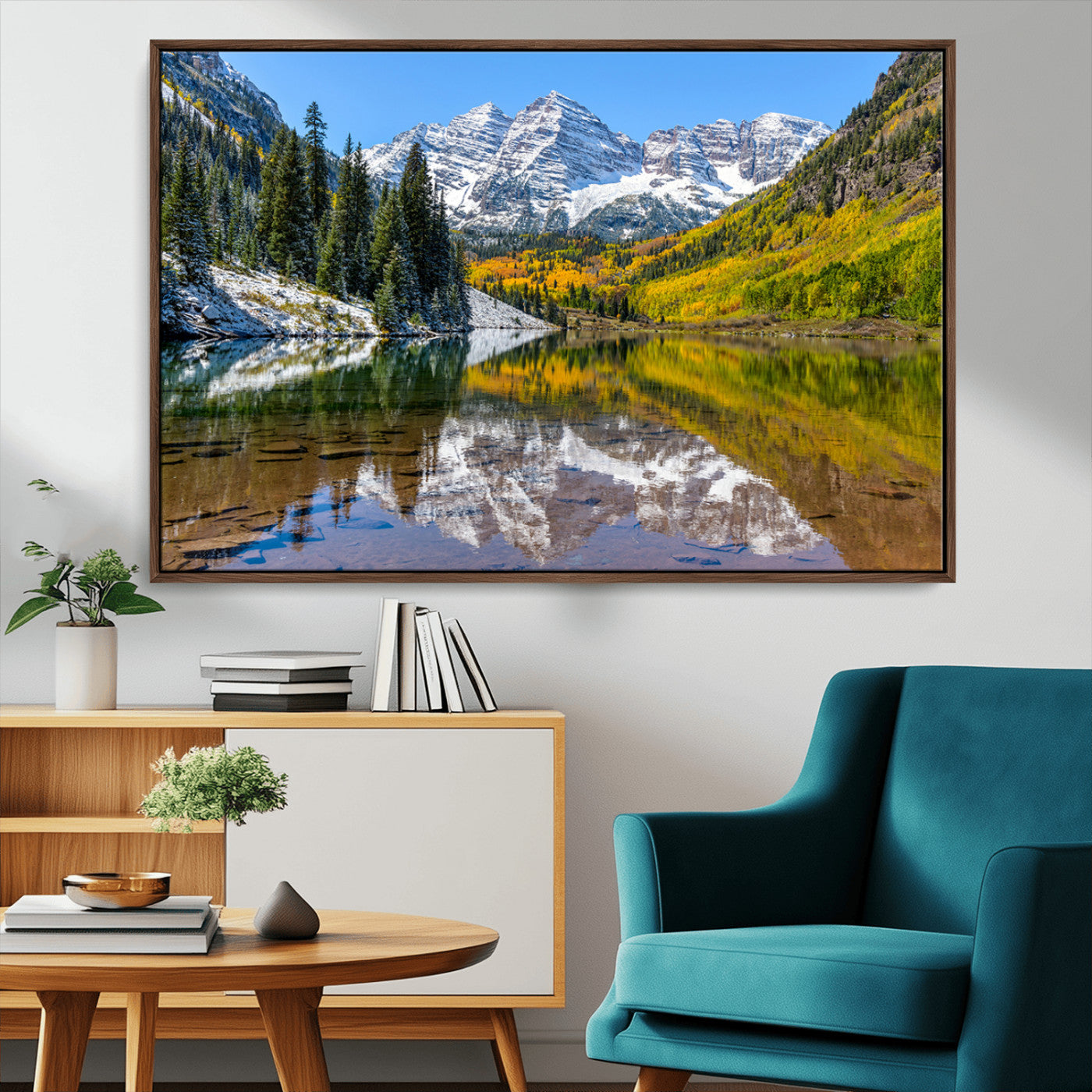87724099-MGV-CV-36X24-Maroon Bells Wall Art Canvas Print, Framed Snowy Mountains Art Picture Print, Pine Forest Perfect Vibrant Alpine Decor Artwork