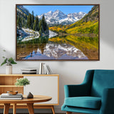 87724099-MGV-CV-36X24-Maroon Bells Wall Art Canvas Print, Framed Snowy Mountains Art Picture Print, Pine Forest Perfect Vibrant Alpine Decor Artwork