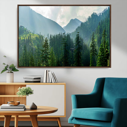 83417191-MGV-CV-36X24-Misty Mountain Forest Wall Art – Pine Tree Landscape Canvas Print, Nature Photography Panorama, Tranquil Green Forest Décor for