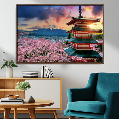 32331262-MGV-CV-36X24-Mount Fuji Japan Wall Art – Cherry Blossom Landscape Canvas Print, Chureito Pagoda Sunset Photography, Japanese Nature Travel