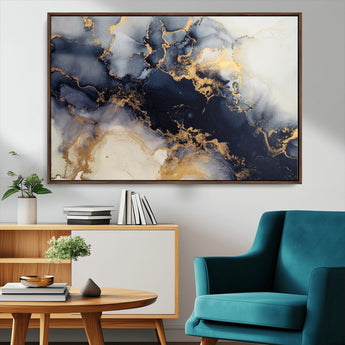 41136487-MGV-CV-36X24-Black Marble Wall Art Canvas Print, Framed Gold Veins Art Picture Print, Abstract Texture Perfect Moody Luxe Decor Artwork
