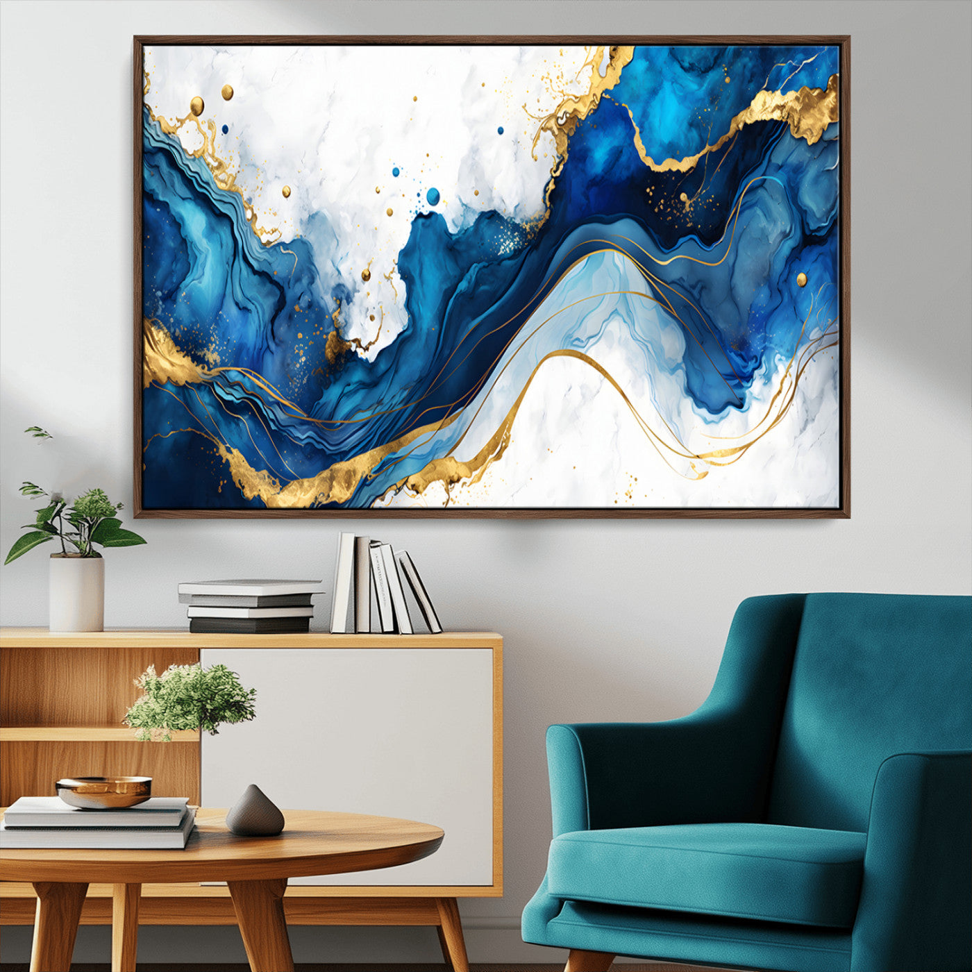 33506371-MGV-CV-36X24-Blue Marble Wall Art Canvas Print, Framed Gold Splash Art Picture Print, Abstract Wave Perfect Modern Luxe Decor Artwork